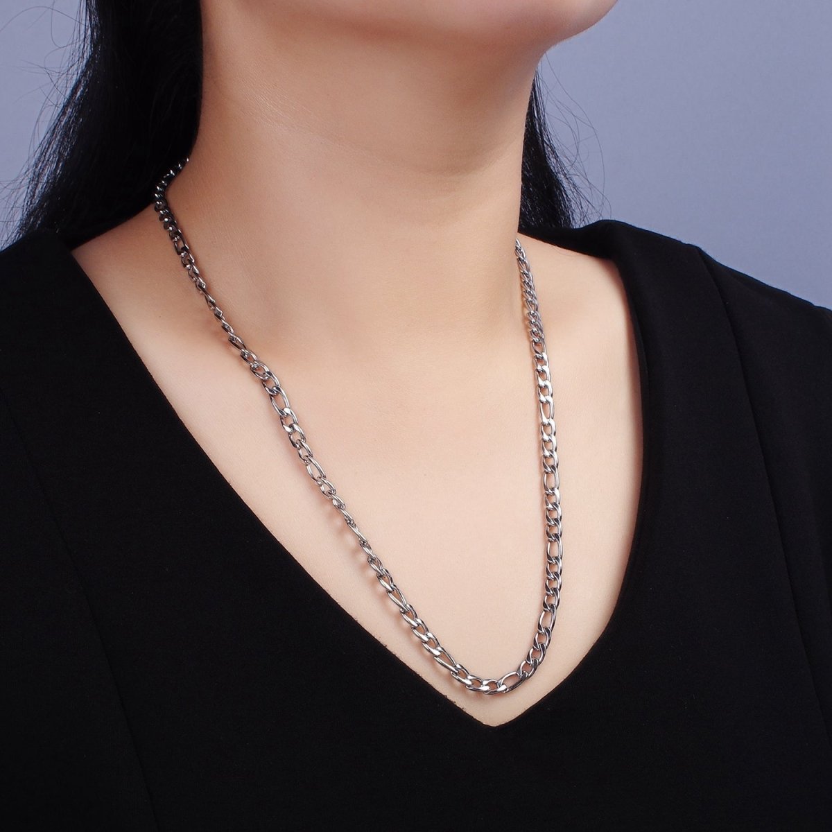 Stainless Steel 5mm Figaro 20 Inch, 22 Inch, 24 Inch Layering Chain Necklace | WA-2271 - WA-2273 Clearance Pricing - DLUXCA