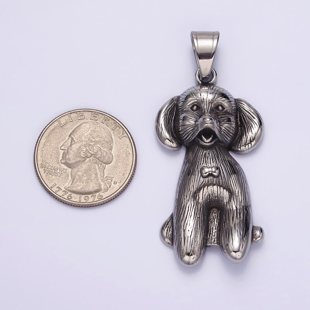 Stainless Steel 60mm Bow-Tied Puppy Dog Pet Textured Pendant | P-777 - DLUXCA