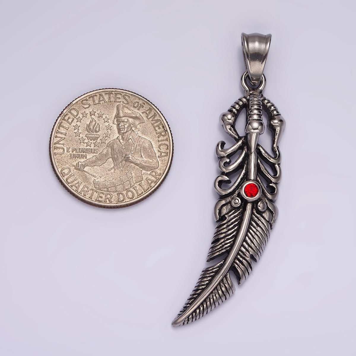 Stainless Steel 63mm Feather Charm Red Eye Long Statement Boho Oxidized Pendant | P871 - DLUXCA