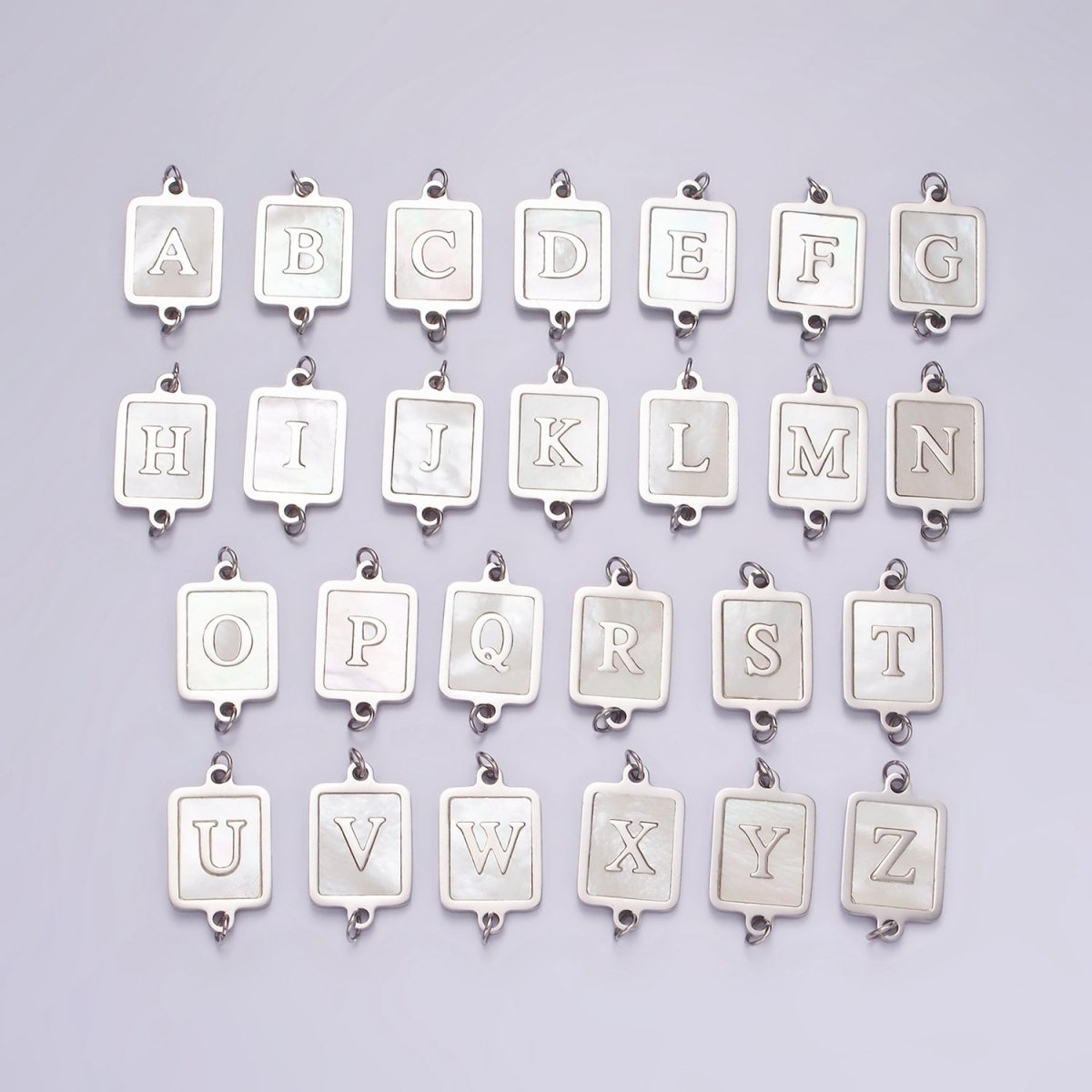 Stainless Steel A-Z Initial Letter Alphabet Shell Pearl Rectangular Silver Connector | A1299 - A1324 - DLUXCA