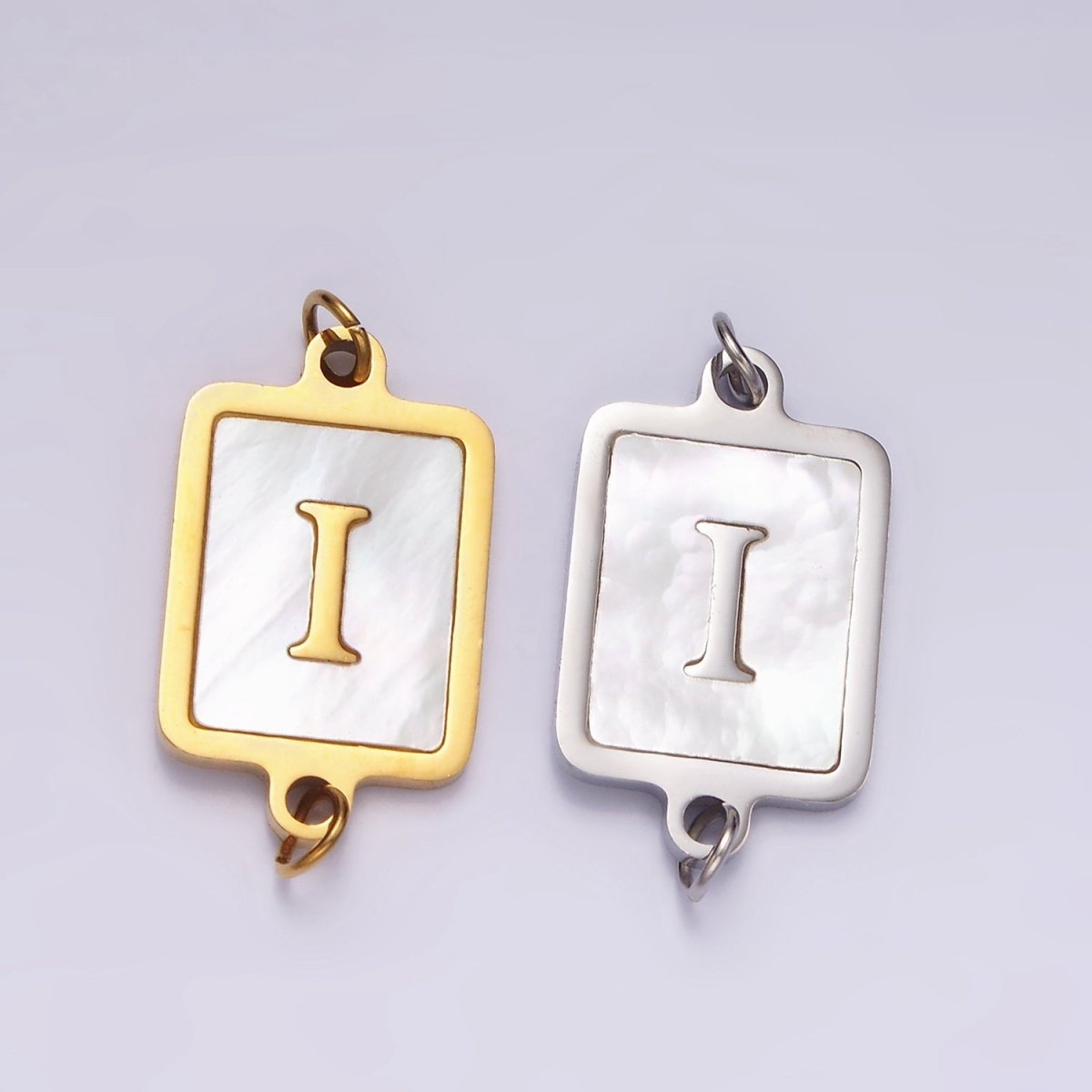 Stainless Steel A-Z Initial Letter Alphabet Shell Pearl Rectangular Silver Connector | A1299 - A1324 - DLUXCA