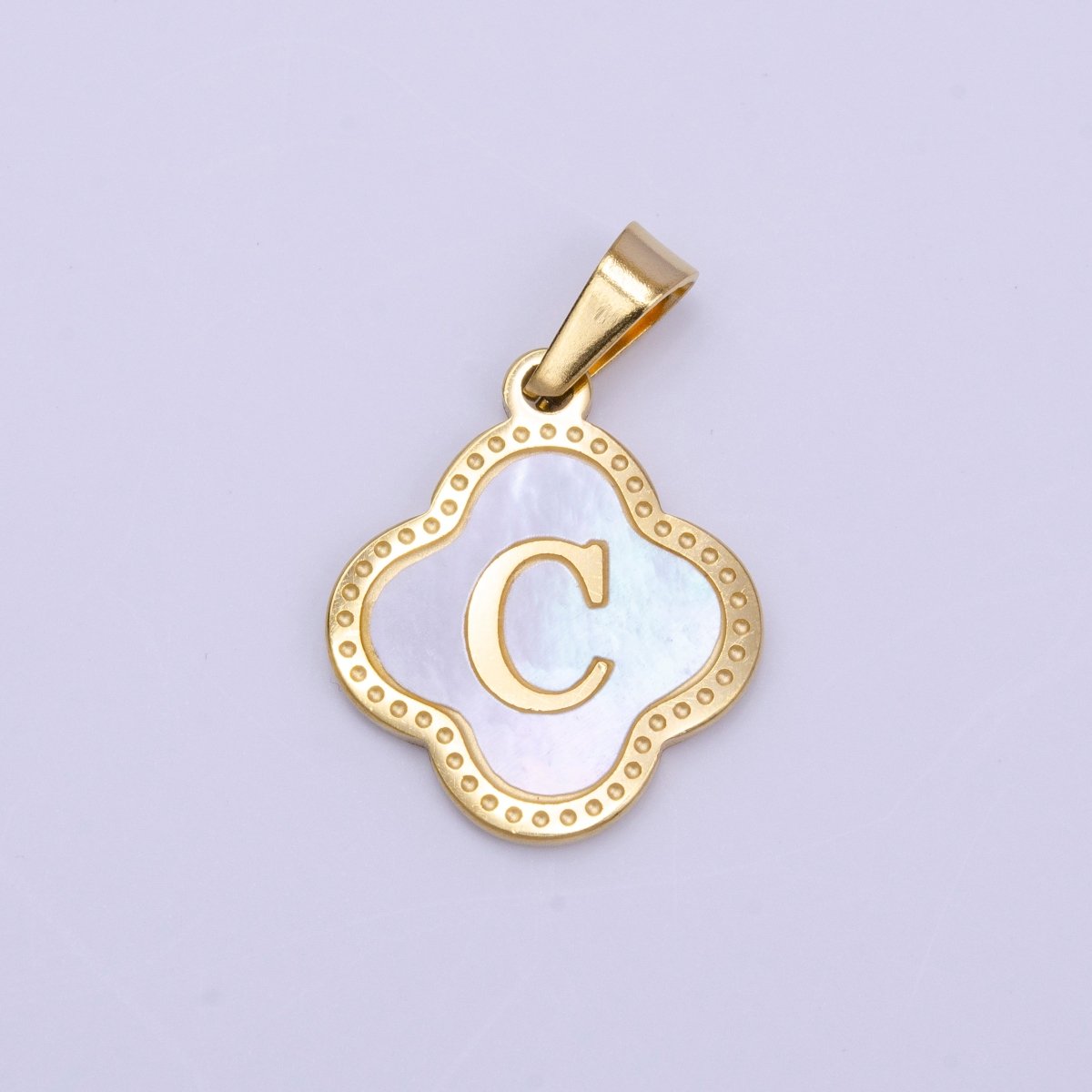 Stainless Steel A-Z Initial Letter Shell Pearl Quatrefoil Clover Gold Pendant | AD677 - AD702 - DLUXCA