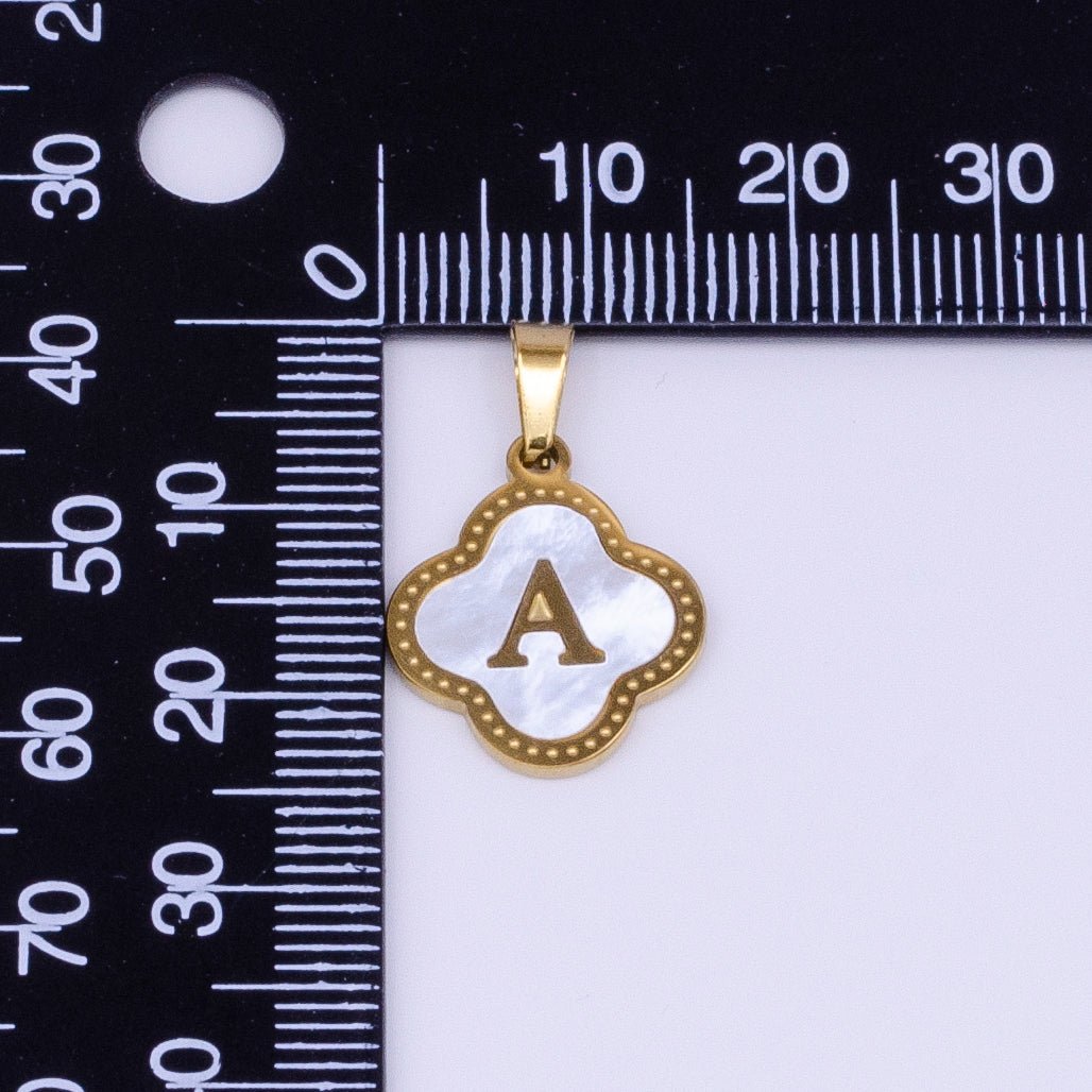 Stainless Steel A-Z Initial Letter Shell Pearl Quatrefoil Clover Gold Pendant | AD677 - AD702 - DLUXCA