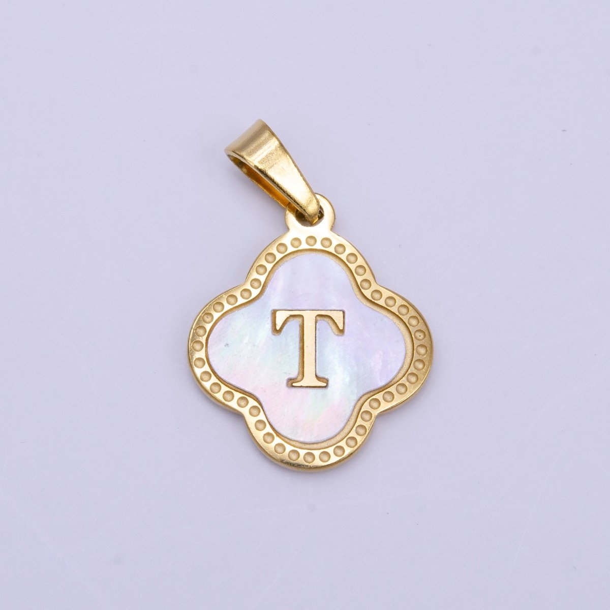 Stainless Steel A-Z Initial Letter Shell Pearl Quatrefoil Clover Gold Pendant | AD677 - AD702 - DLUXCA