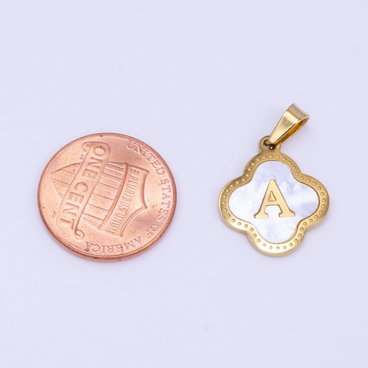 Stainless Steel A-Z Initial Letter Shell Pearl Quatrefoil Clover Gold Pendant | AD677 - AD702 - DLUXCA