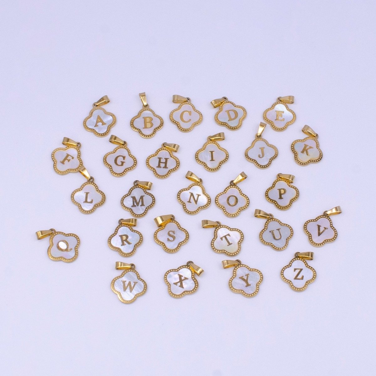 Stainless Steel A-Z Initial Letter Shell Pearl Quatrefoil Clover Gold Pendant | AD677 - AD702 - DLUXCA