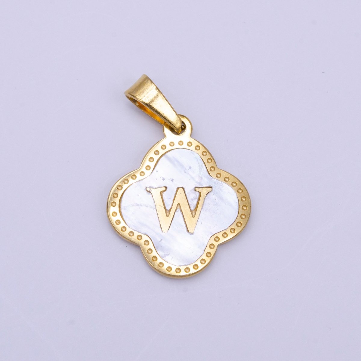 Stainless Steel A-Z Initial Letter Shell Pearl Quatrefoil Clover Gold Pendant | AD677 - AD702 - DLUXCA