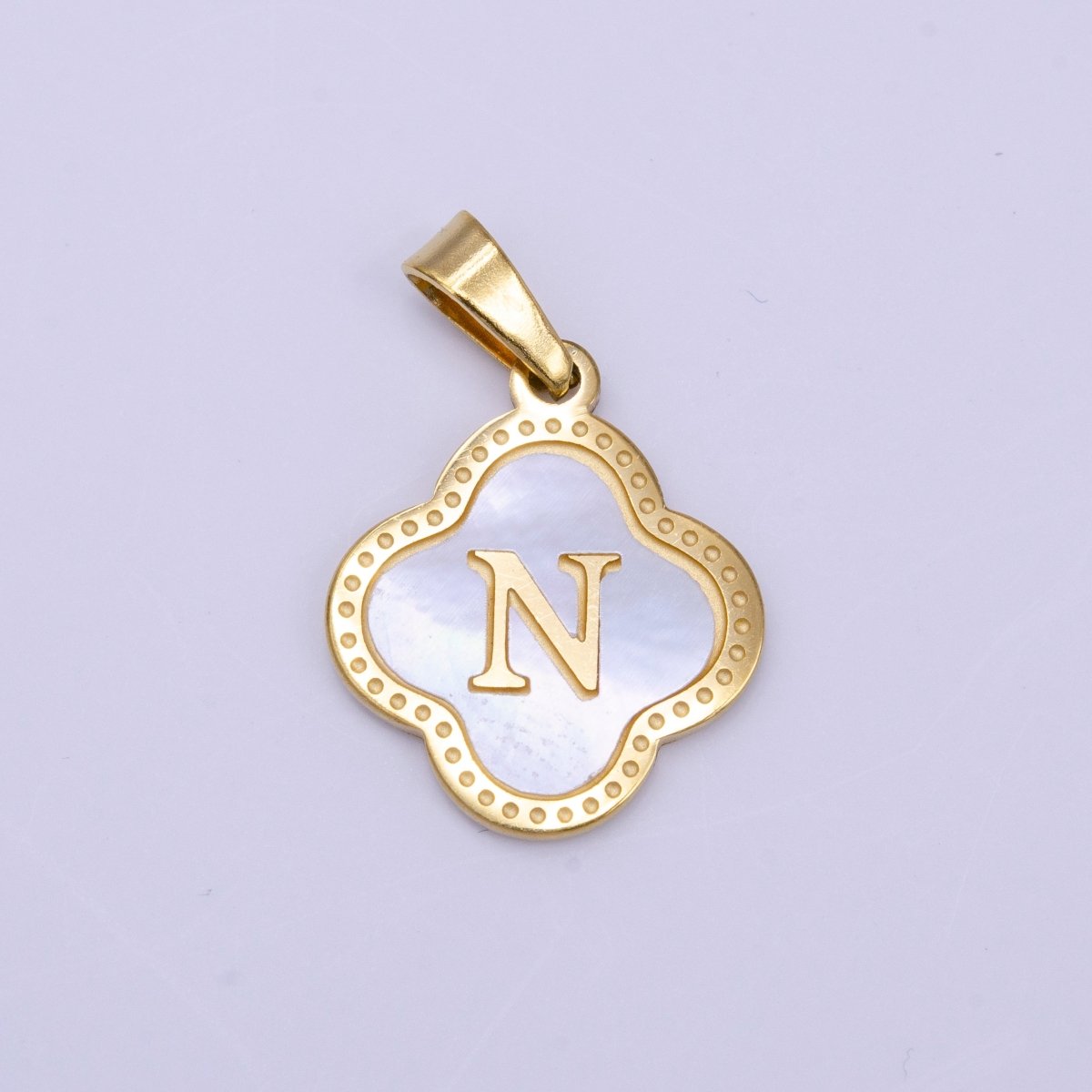 Stainless Steel A-Z Initial Letter Shell Pearl Quatrefoil Clover Gold Pendant | AD677 - AD702 - DLUXCA