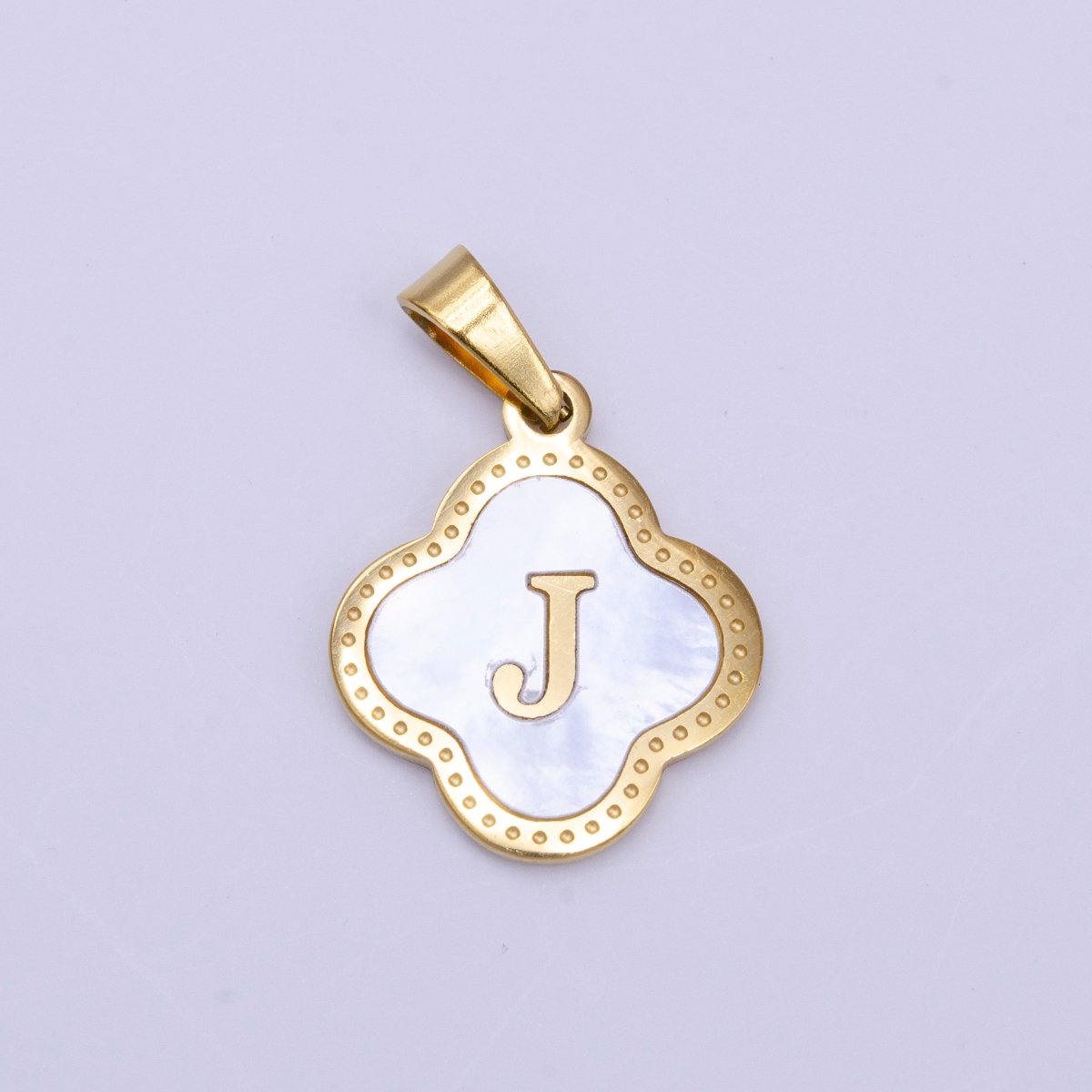 Stainless Steel A-Z Initial Letter Shell Pearl Quatrefoil Clover Gold Pendant | AD677 - AD702 - DLUXCA