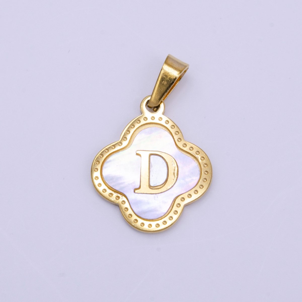 Stainless Steel A-Z Initial Letter Shell Pearl Quatrefoil Clover Gold Pendant | AD677 - AD702 - DLUXCA