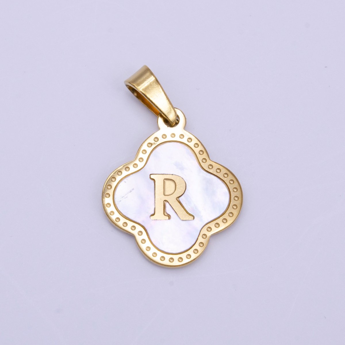Stainless Steel A-Z Initial Letter Shell Pearl Quatrefoil Clover Gold Pendant | AD677 - AD702 - DLUXCA