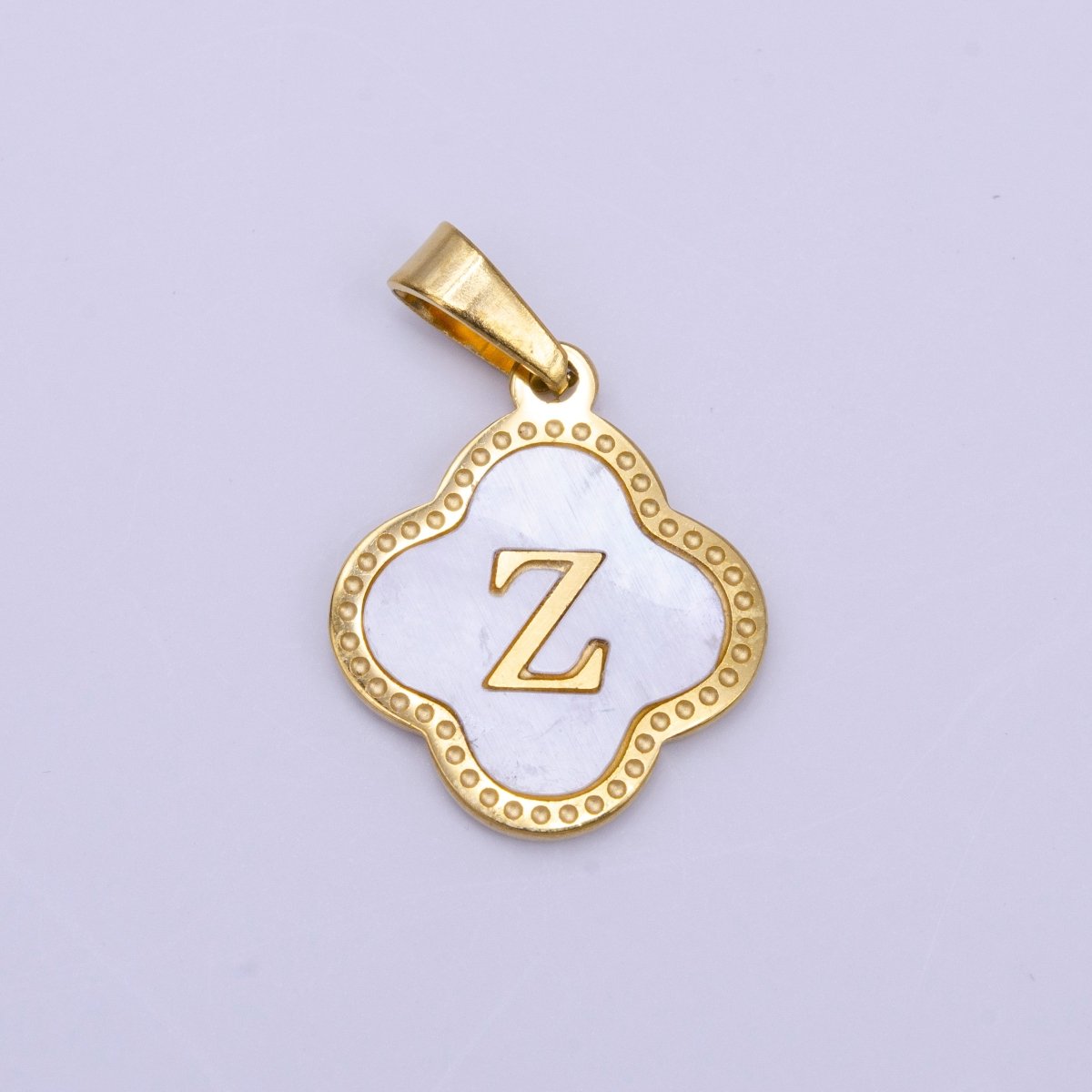 Stainless Steel A-Z Initial Letter Shell Pearl Quatrefoil Clover Gold Pendant | AD677 - AD702 - DLUXCA