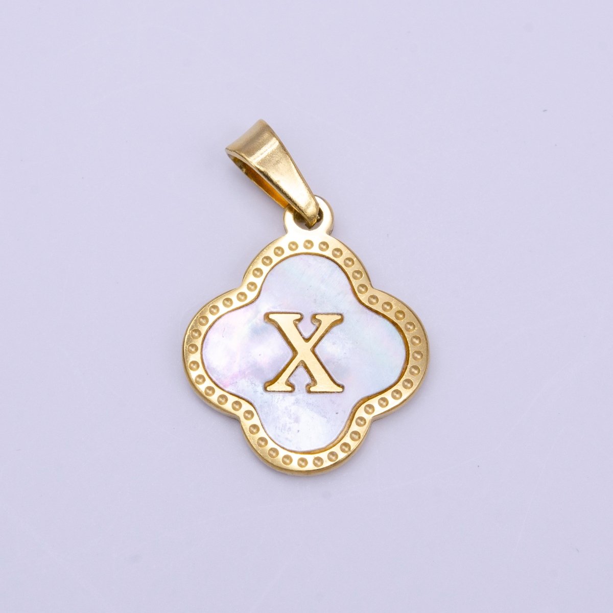Stainless Steel A-Z Initial Letter Shell Pearl Quatrefoil Clover Gold Pendant | AD677 - AD702 - DLUXCA