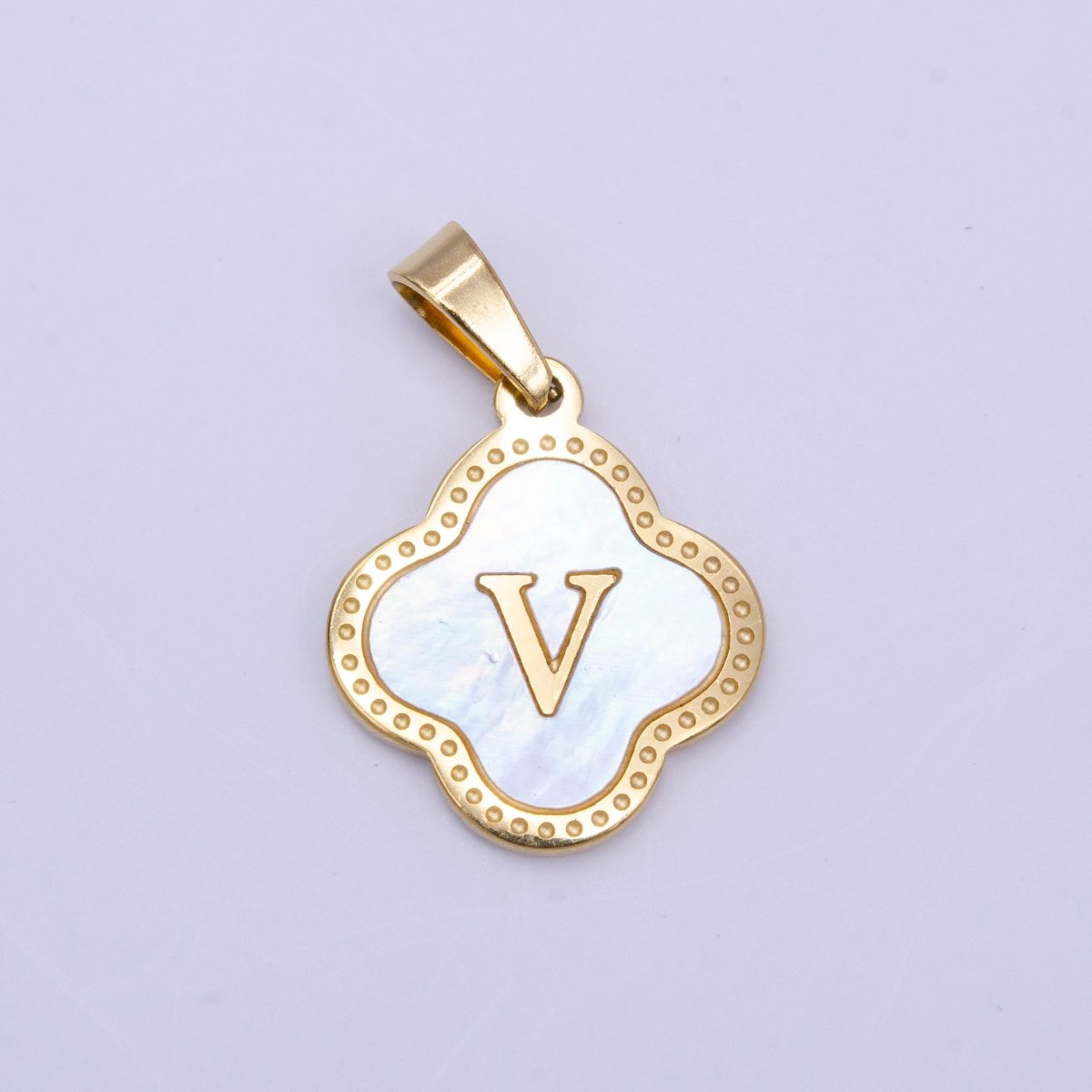 Stainless Steel A-Z Initial Letter Shell Pearl Quatrefoil Clover Gold Pendant | AD677 - AD702 - DLUXCA