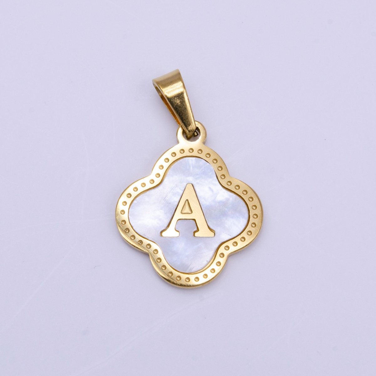 Stainless Steel A-Z Initial Letter Shell Pearl Quatrefoil Clover Gold Pendant | AD677 - AD702 - DLUXCA