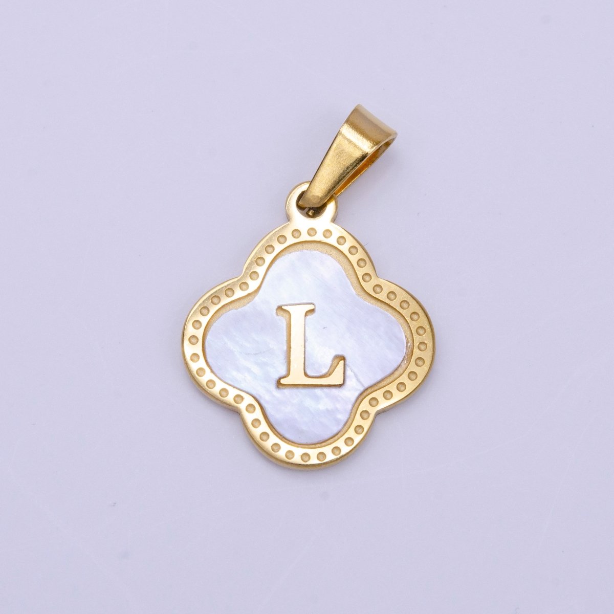 Stainless Steel A-Z Initial Letter Shell Pearl Quatrefoil Clover Gold Pendant | AD677 - AD702 - DLUXCA
