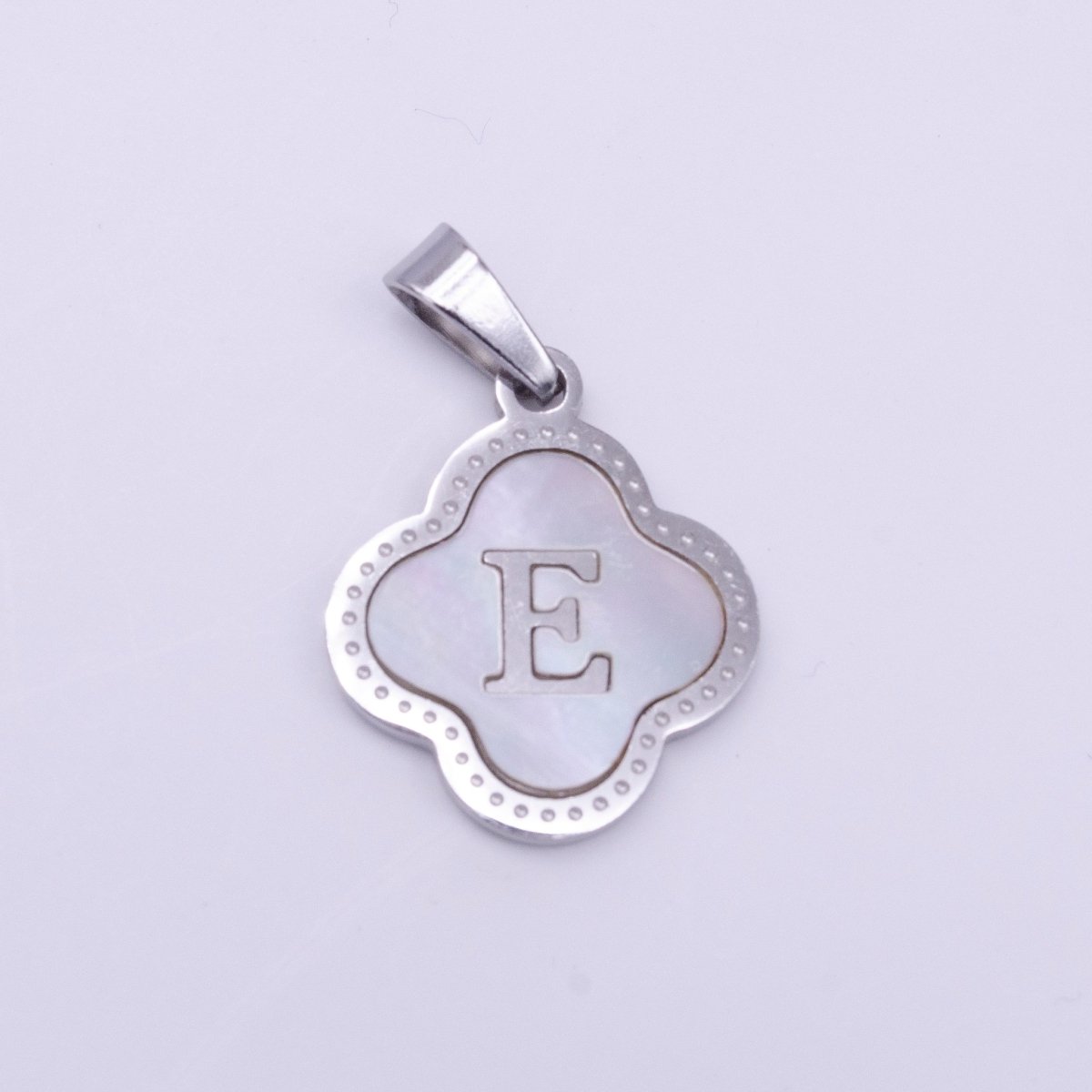 Stainless Steel A-Z Initial Letter Shell Pearl Quatrefoil Clover Silver Pendant Lucky Charm | AD703 - AD728 - DLUXCA