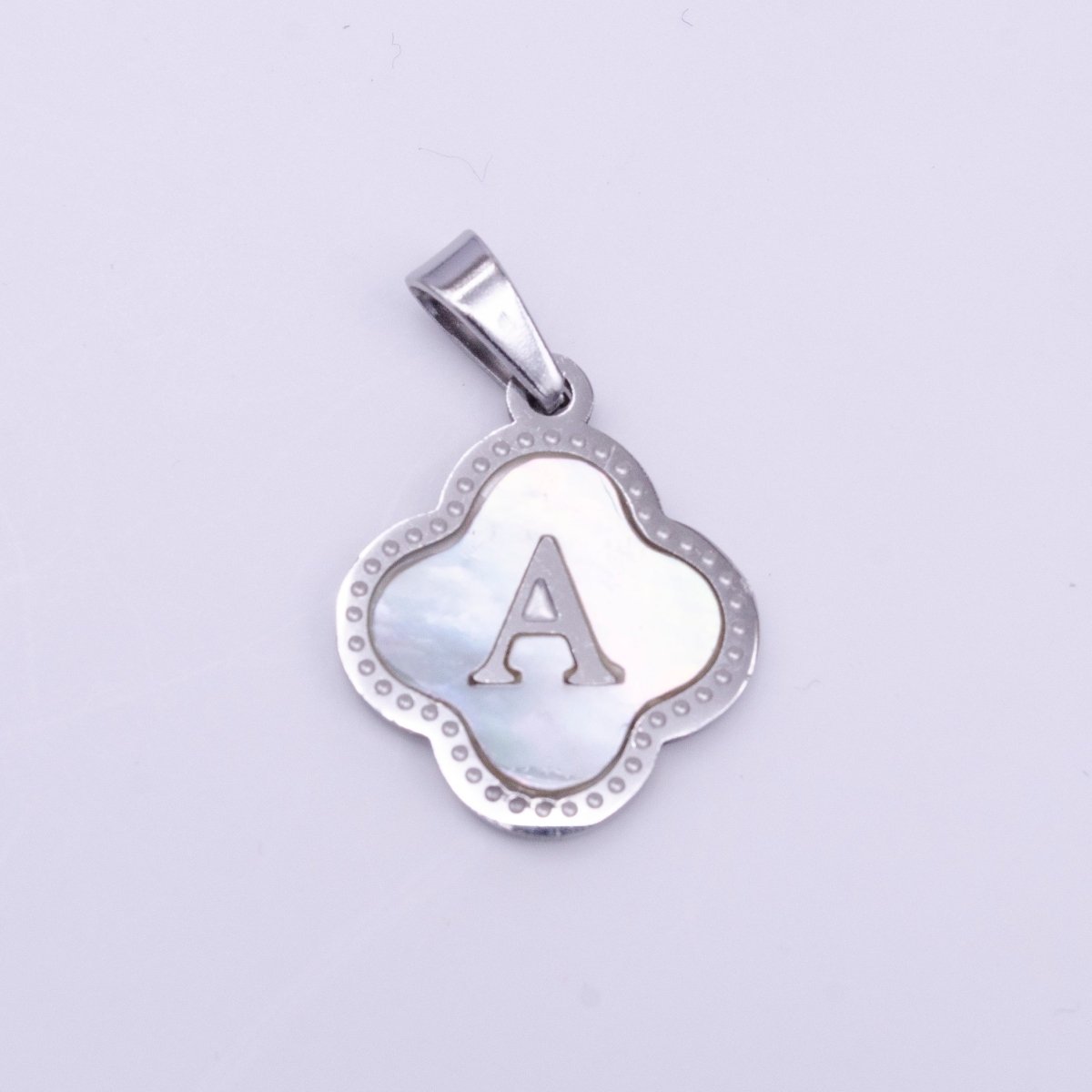Stainless Steel A-Z Initial Letter Shell Pearl Quatrefoil Clover Silver Pendant Lucky Charm | AD703 - AD728 - DLUXCA