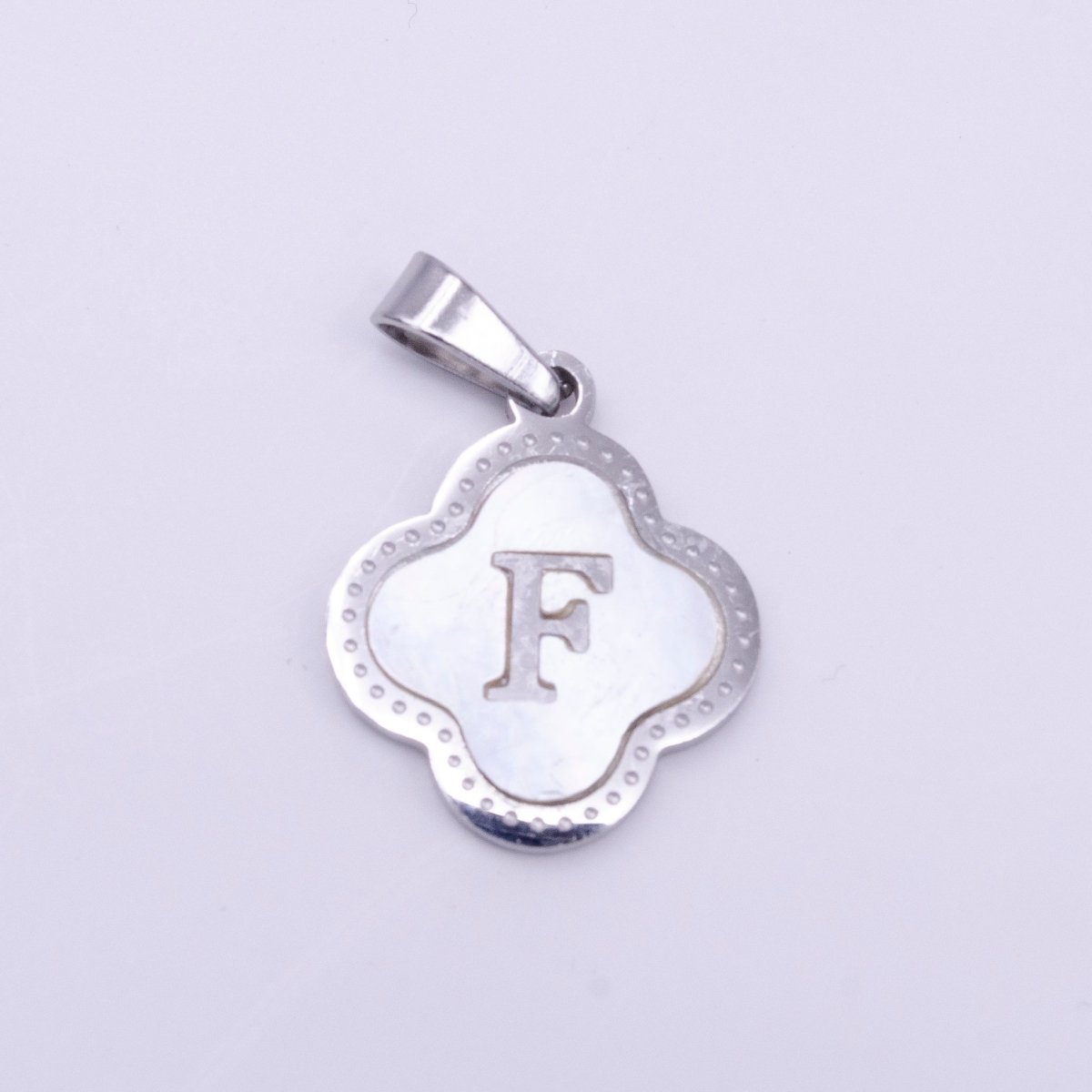Stainless Steel A-Z Initial Letter Shell Pearl Quatrefoil Clover Silver Pendant Lucky Charm | AD703 - AD728 - DLUXCA