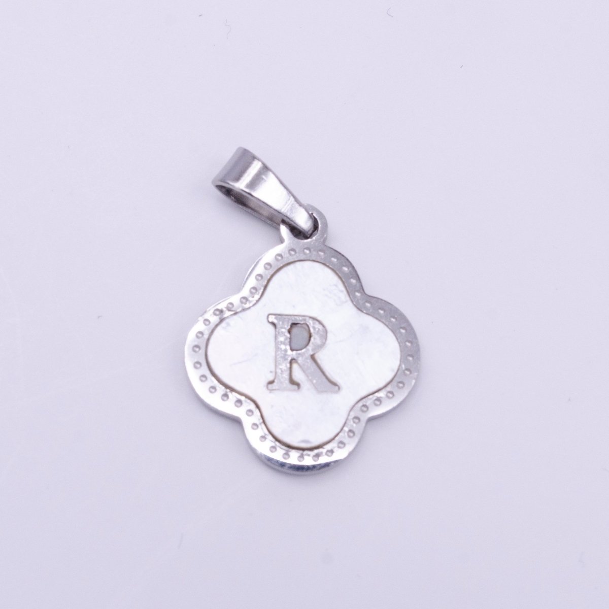 Stainless Steel A-Z Initial Letter Shell Pearl Quatrefoil Clover Silver Pendant Lucky Charm | AD703 - AD728 - DLUXCA