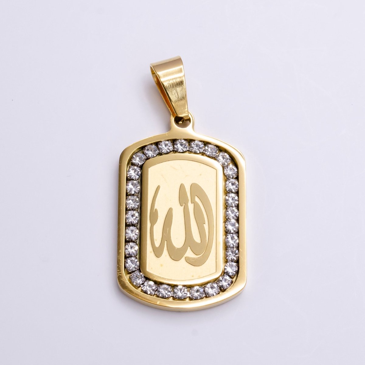 Stainless Steel "Allah" "God" Muslim Arabic Calligraphy CZ Lined Tag Pendant | P-1164 - DLUXCA