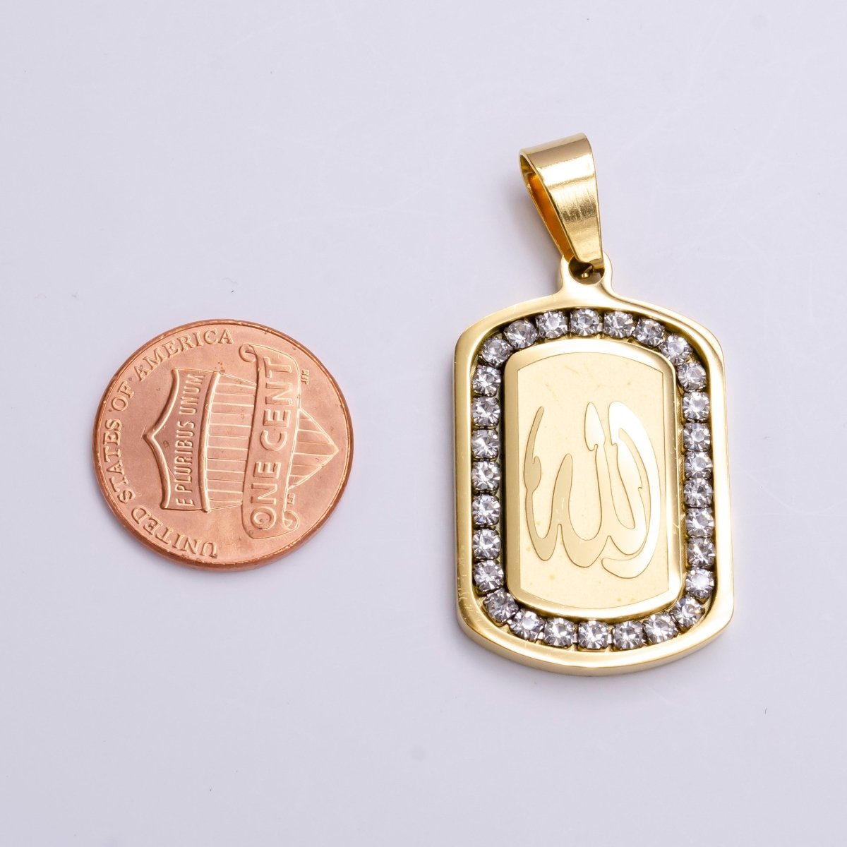 Stainless Steel "Allah" "God" Muslim Arabic Calligraphy CZ Lined Tag Pendant | P-1164 - DLUXCA