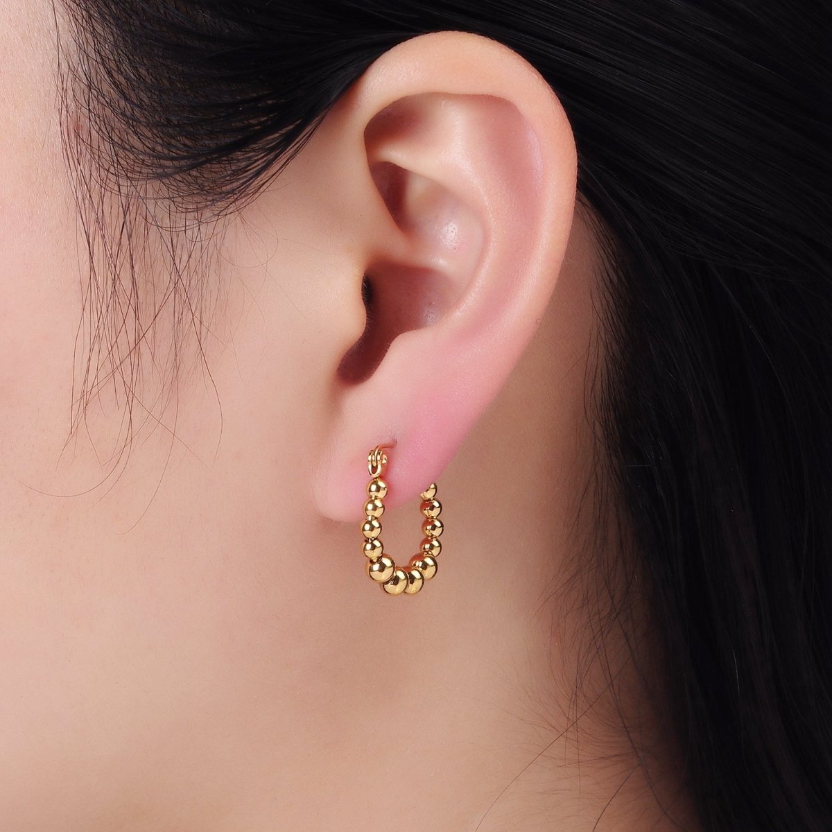 Stainless Steel Beaded Bubble Latch Hoop Earrings in Gold & Silver | AB1394 AB1395 - DLUXCA