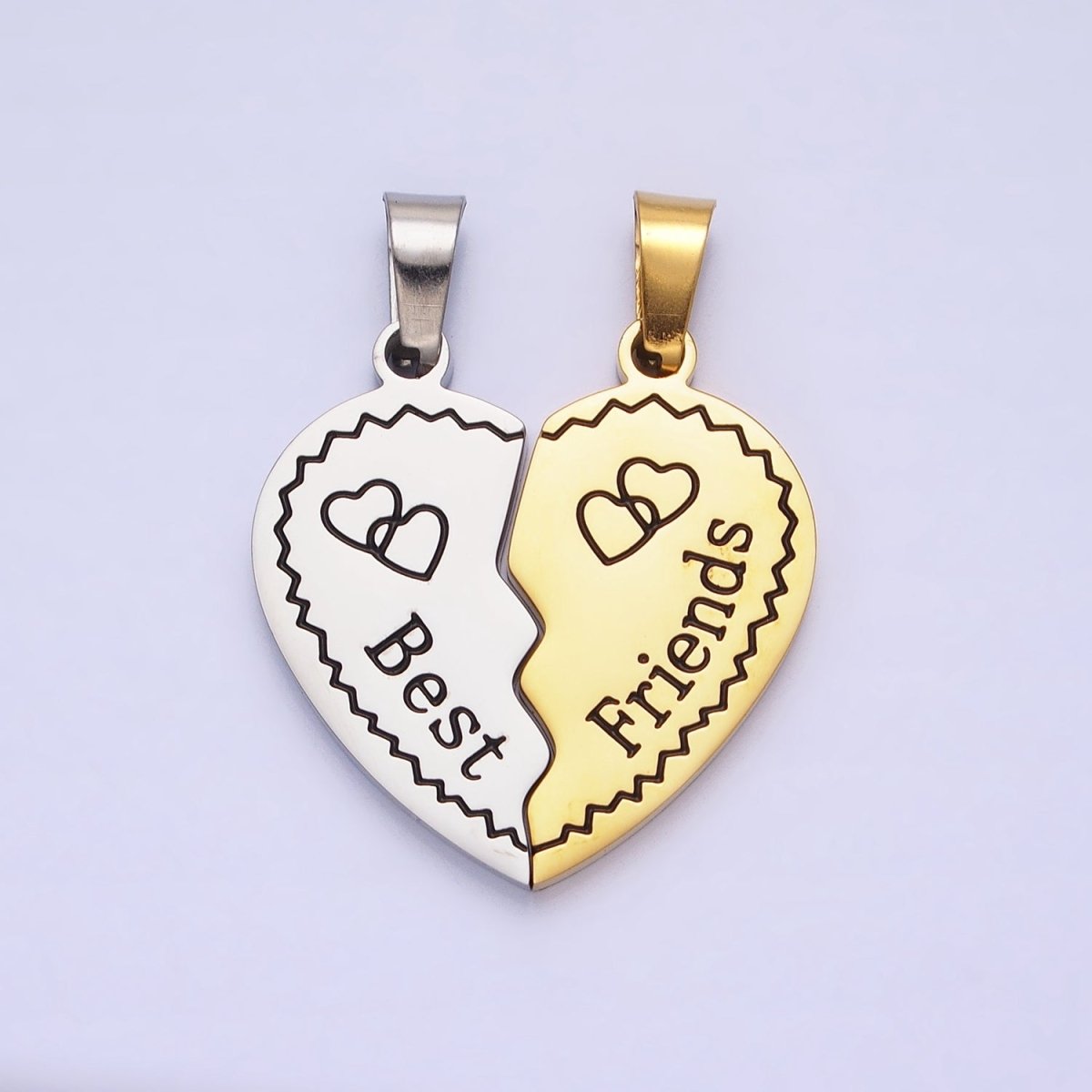 Stainless Steel "Best Friend" Script Engraved Hearts Mixed Metal Friendship Pendant Set | P-1128 - DLUXCA