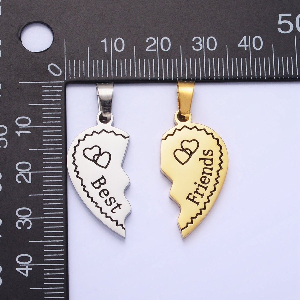 Stainless Steel "Best Friend" Script Engraved Hearts Mixed Metal Friendship Pendant Set | P-1128 - DLUXCA