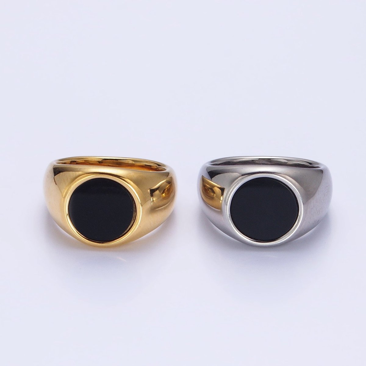 Stainless Steel Black Enamel Round Signet Ring in Gold & Silver | O-1681~O-1688 - DLUXCA
