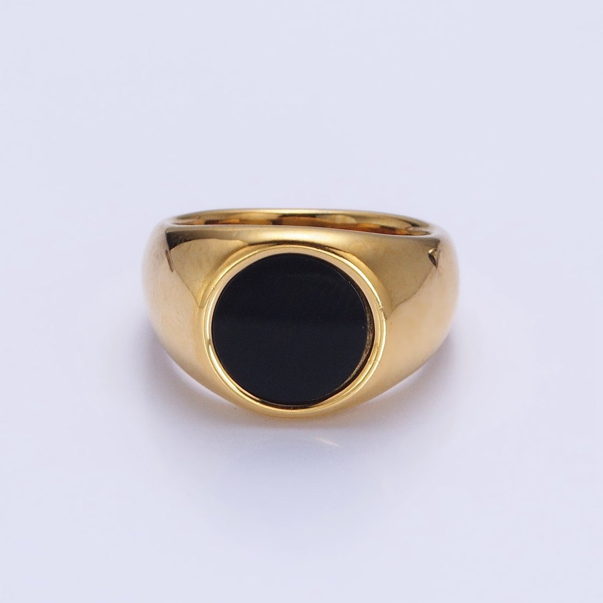 Stainless Steel Black Enamel Round Signet Ring in Gold & Silver | O-1681~O-1688 - DLUXCA