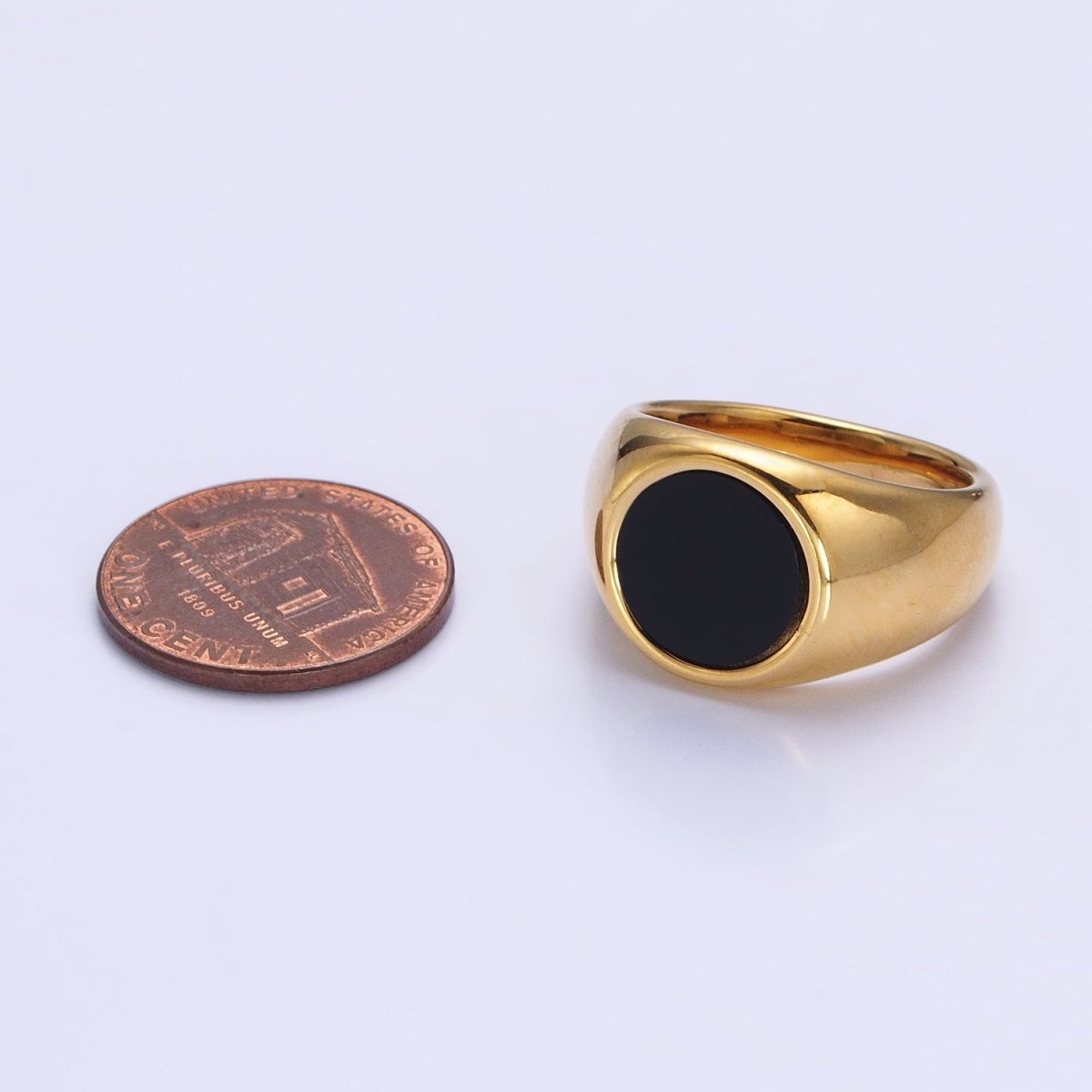 Stainless Steel Black Enamel Round Signet Ring in Gold & Silver | O-1681~O-1688 - DLUXCA