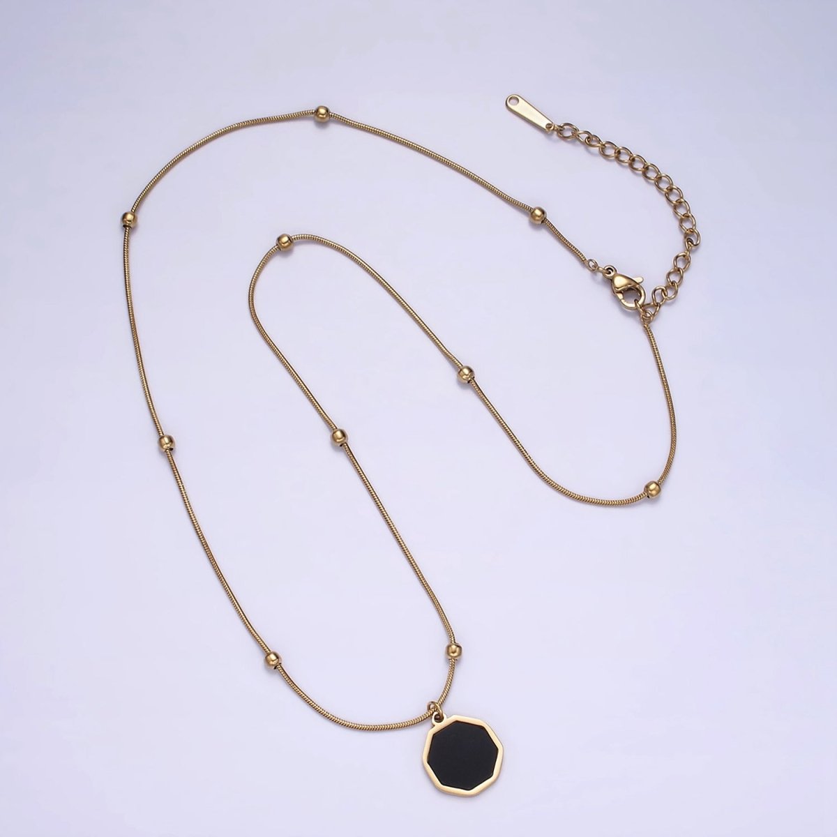 Stainless Steel Black Hexagonal Charm 17 Inch Satellite Snake Chain Necklace | WA-2035 Clearance Pricing - DLUXCA