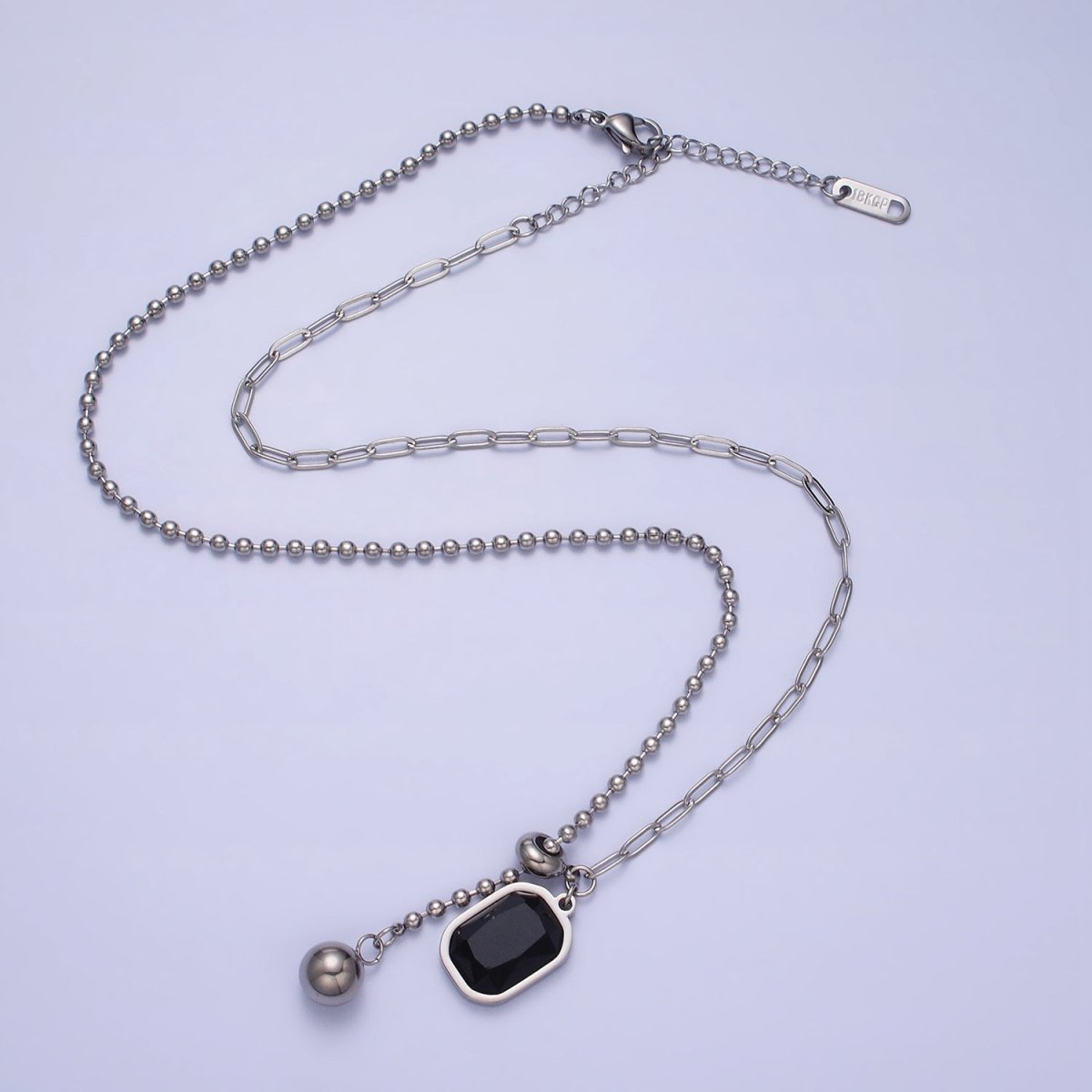 Stainless Steel Black Pendant Double Bead & Paperclip Chain Link 17 Inch Necklace in Gold & Silver | WA-1634 WA-1635 Clearance Pricing - DLUXCA