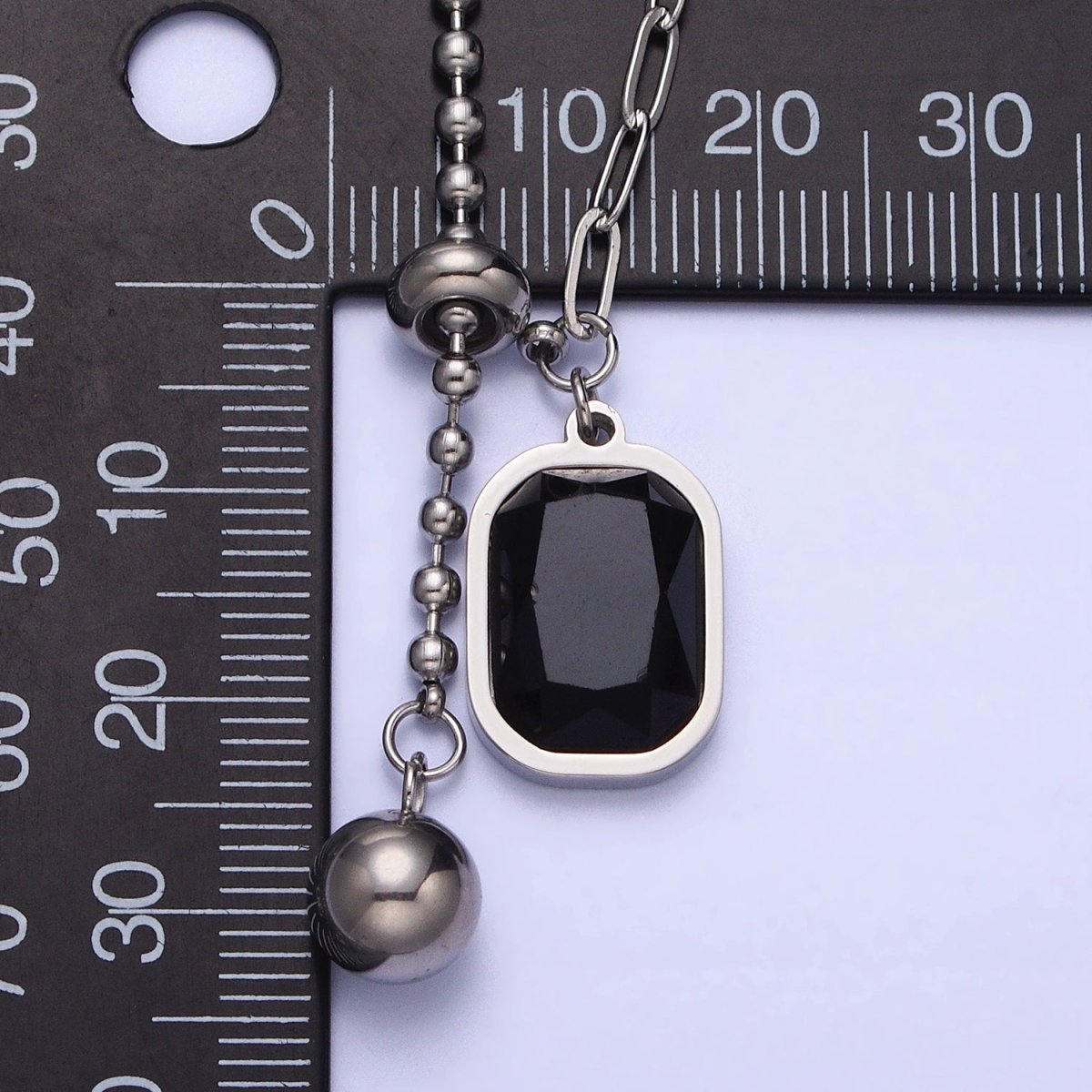 Stainless Steel Black Pendant Double Bead & Paperclip Chain Link 17 Inch Necklace in Gold & Silver | WA-1634 WA-1635 Clearance Pricing - DLUXCA