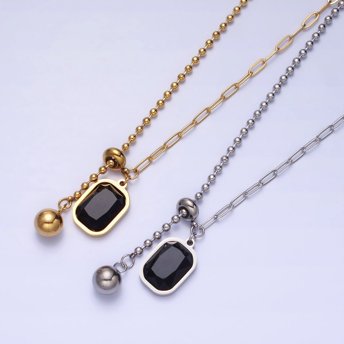 Stainless Steel Black Pendant Double Bead & Paperclip Chain Link 17 Inch Necklace in Gold & Silver | WA-1634 WA-1635 Clearance Pricing - DLUXCA