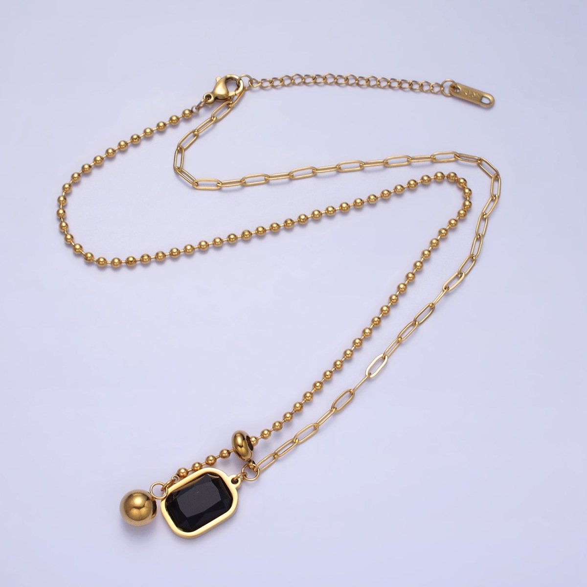 Stainless Steel Black Pendant Double Bead & Paperclip Chain Link 17 Inch Necklace in Gold & Silver | WA-1634 WA-1635 Clearance Pricing - DLUXCA