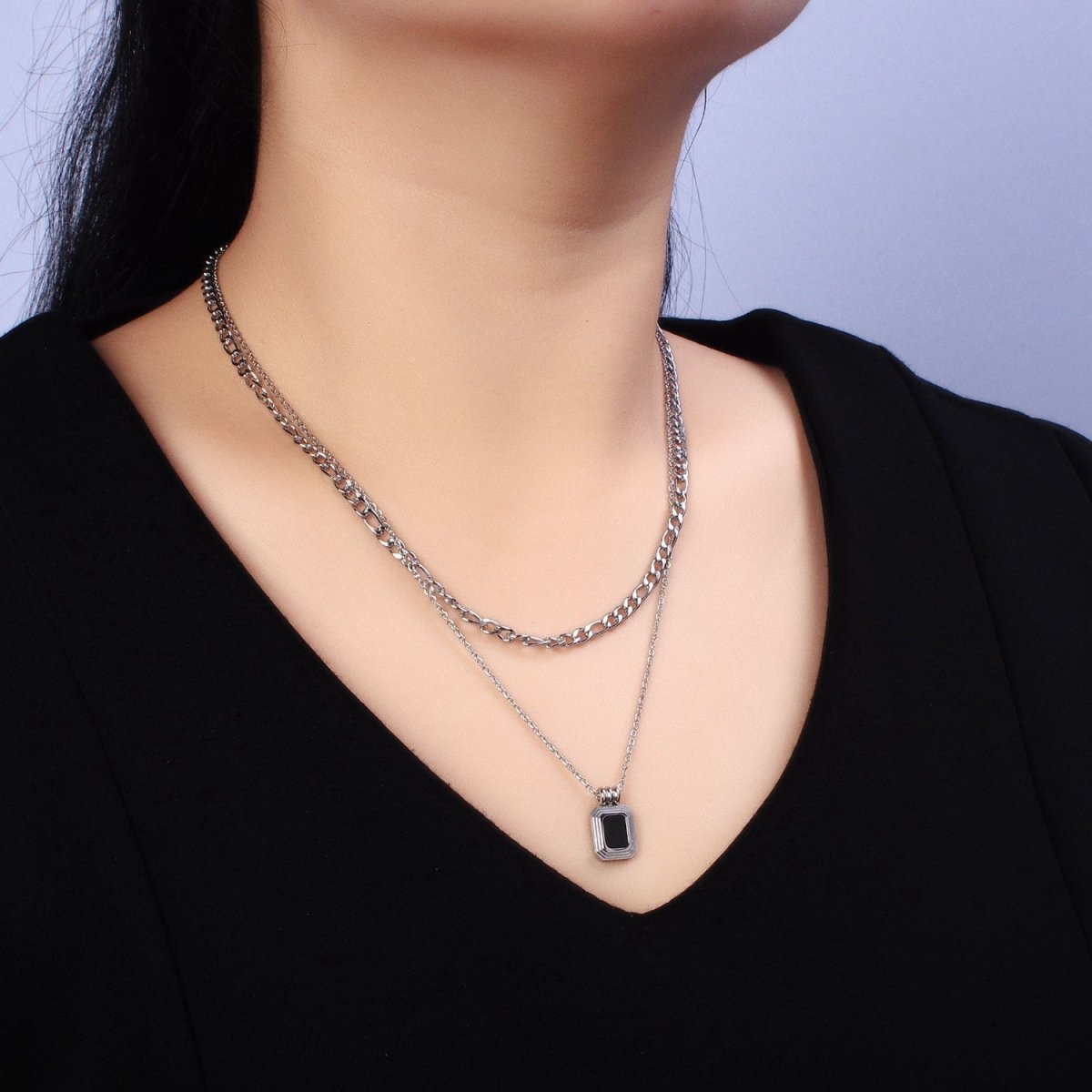 Stainless Steel Black Pendant Figaro & Rolo Chain Double Layer Necklace in Gold & Silver | WA-1632 WA-1633 Clearance Pricing - DLUXCA