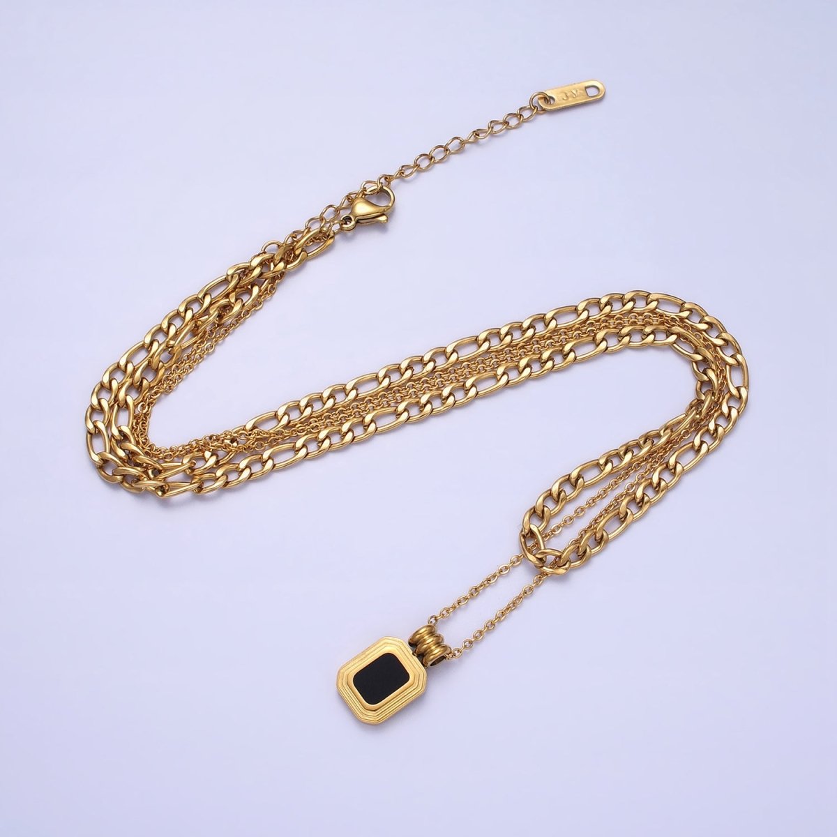 Stainless Steel Black Pendant Figaro & Rolo Chain Double Layer Necklace in Gold & Silver | WA-1632 WA-1633 Clearance Pricing - DLUXCA