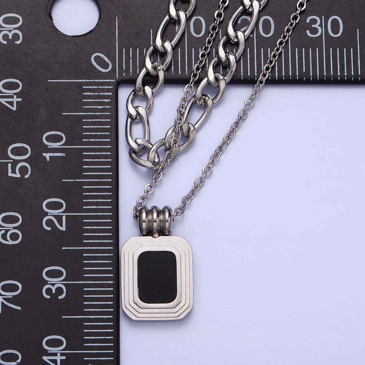 Stainless Steel Black Pendant Figaro & Rolo Chain Double Layer Necklace in Gold & Silver | WA-1632 WA-1633 Clearance Pricing - DLUXCA