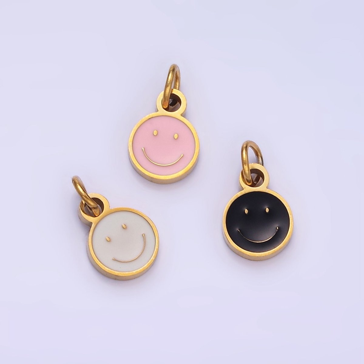 Stainless Steel Black, Pink, White Enamel Smiley Face Round Charm | P954 - DLUXCA