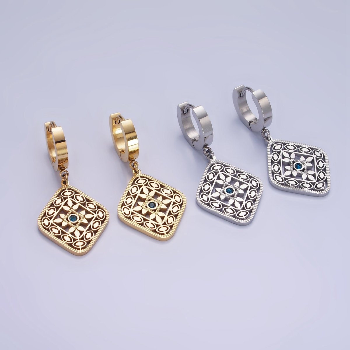 Stainless Steel Blue CZ Flower Filigree Rhombus Drop Huggie Earrings in Gold & Silver | AE477 AE478 - DLUXCA
