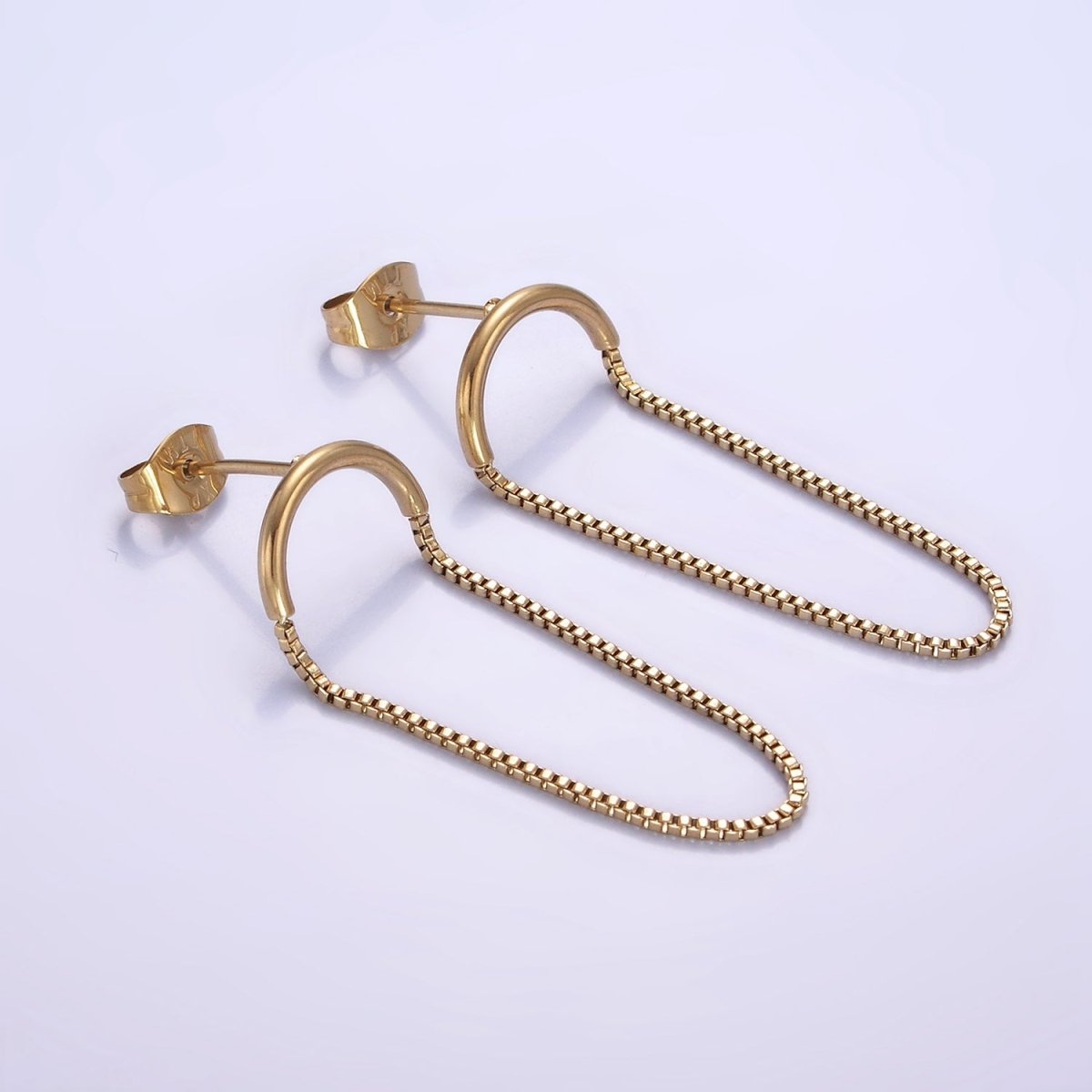 Stainless Steel Box Chain Curved Minimalist Stud Earrings | AB1153 - DLUXCA