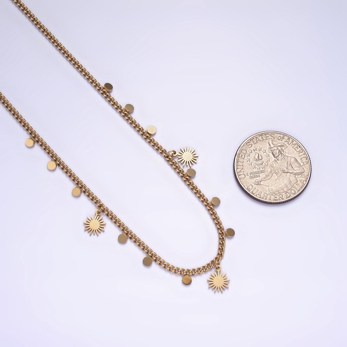 Stainless Steel Celestial Sun Disc 17 Inch Curb Chain Necklace | WA-2078 Clearance Pricing - DLUXCA