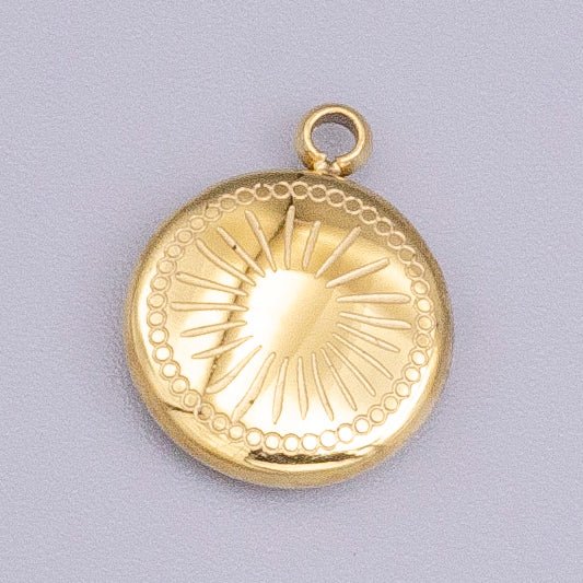 Stainless Steel Celestial Sun Ray Beam Line-Engraved Round Charm in Silver & Gold | P-913 - DLUXCA