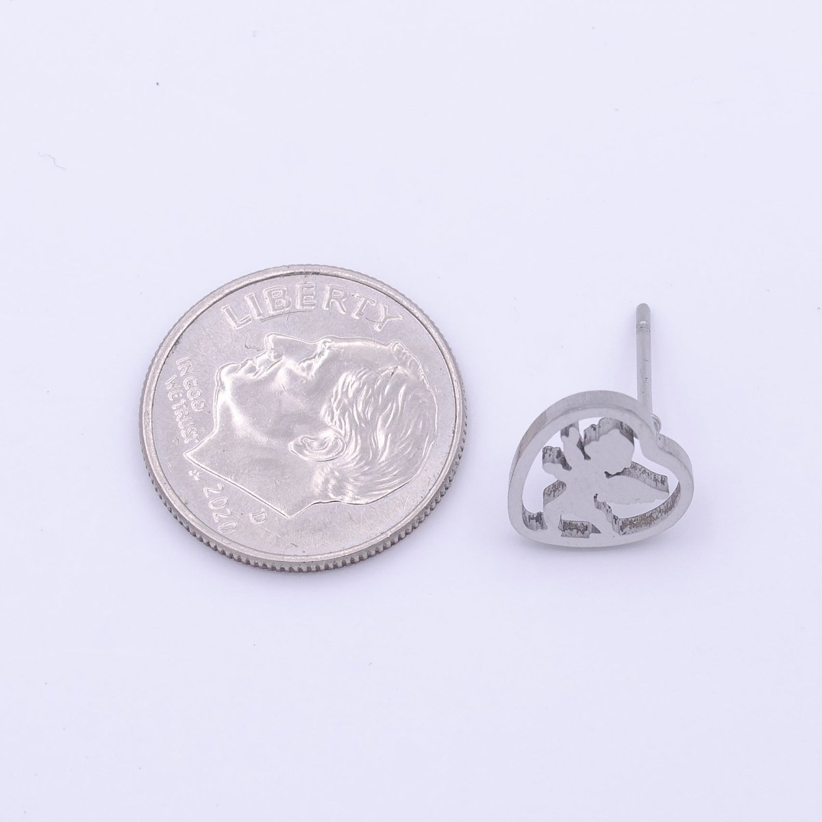 Stainless Steel Cherub Angel Baby Heart Frame Silver Minimalist Stud Earrings | Y-250 - DLUXCA
