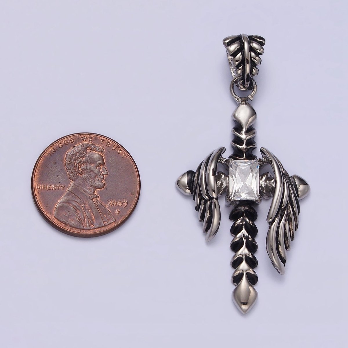 Stainless Steel Clear CZ Baguette Arrow Passion Cross Feather Wings Pendant | P-812 - DLUXCA