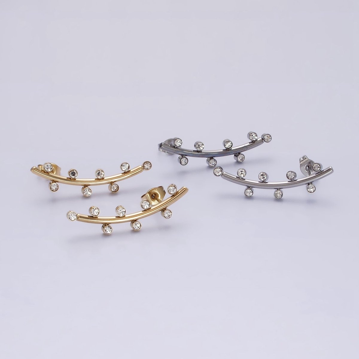 Stainless Steel Clear CZ Dotted Curved Band Stud Earrings in Gold & Silver | AE869 AE870 - DLUXCA