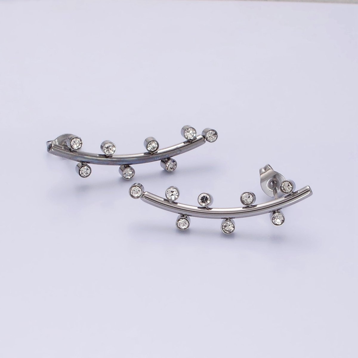 Stainless Steel Clear CZ Dotted Curved Band Stud Earrings in Gold & Silver | AE869 AE870 - DLUXCA