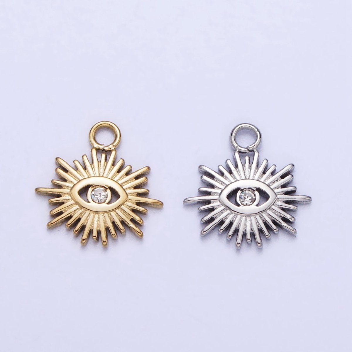 Stainless Steel Clear CZ Evil Eye Sunburst Protection Charm in Gold & Silver | P-888 - DLUXCA